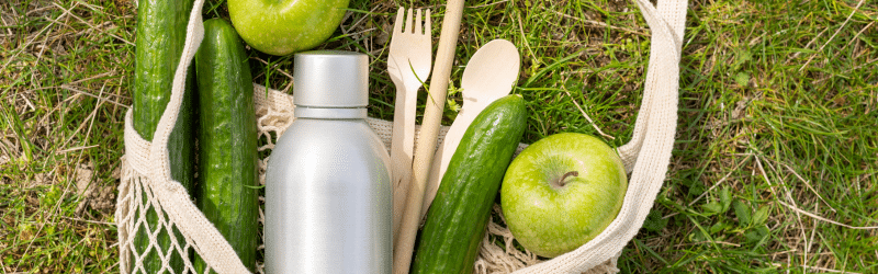 Bolsa con verduras, fruta y cubiertos