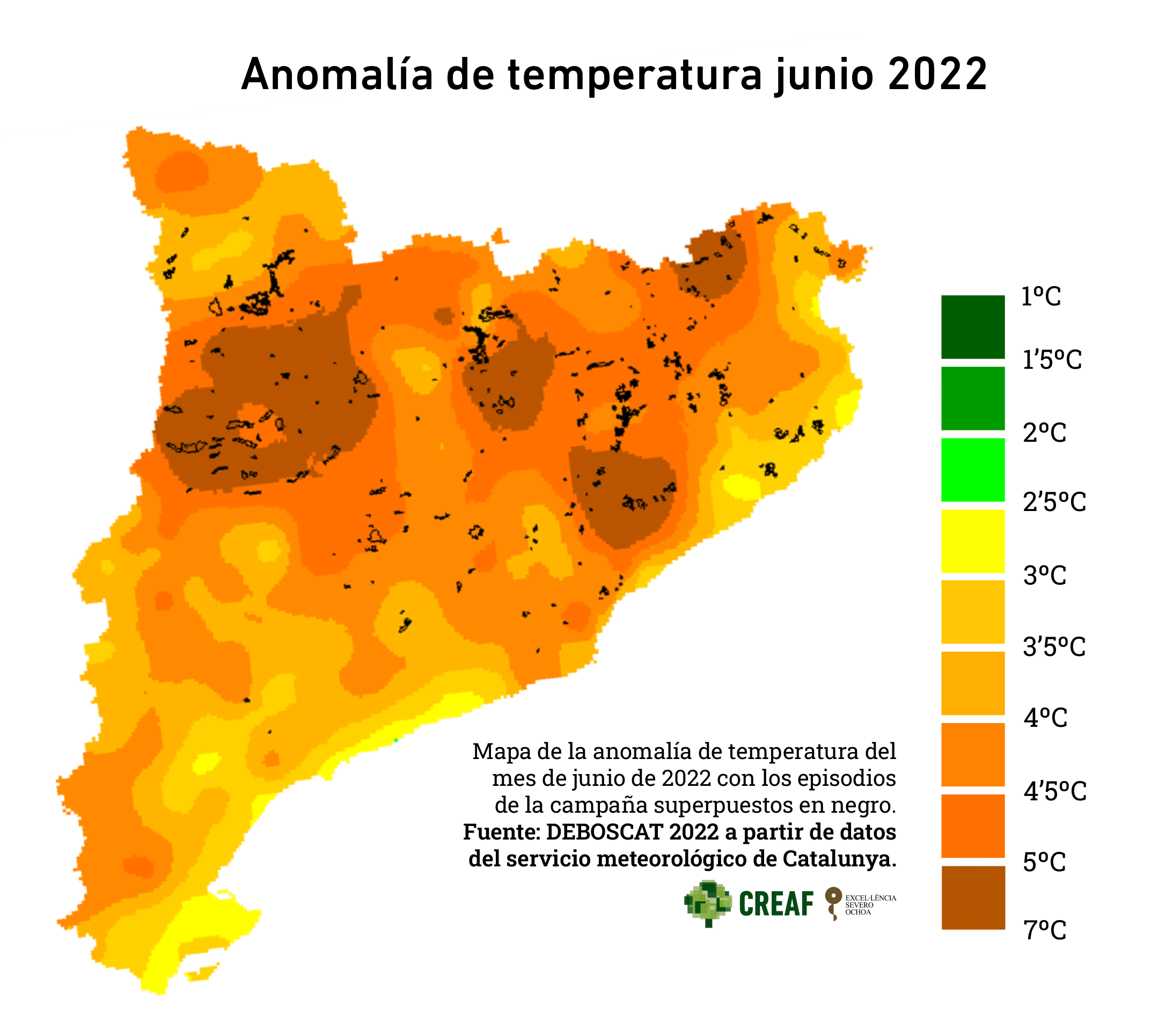 Anomalía de temperatura en junio de 2022. Gráfico: Laura Fraile. Fuente: DeBosCat 2022.